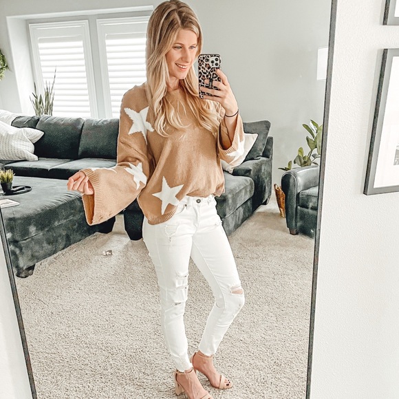 Nude tan star sweater oversized wide sleeve boho - Picture 4 of 6